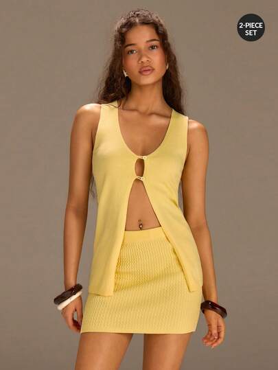 Athîral Women's Casual Vacation Knitted Yellow Cardigan Top And Patterned Skirt 2 Pieces Set, Spring/Summer