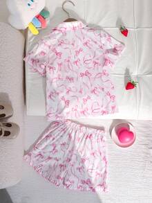 SHEIN Bộ đồ mặc nhà 2 món cho bé gái: áo khoác cardigan cổ bẻ và quần short đan họa tiết nơ. - Nhiều màu - Xem 5