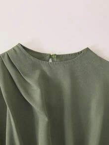 SHEIN 少女休闲时尚立领荷叶边腰带A字连衣裙 - 軍綠色 - 查看 4