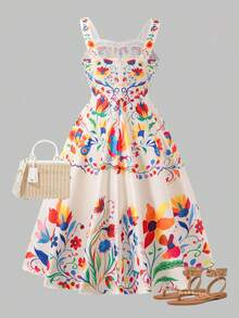 Sparklyn Tween Girl' Elegant Floral Print Sleeveless Dress - Multicolor - View 2