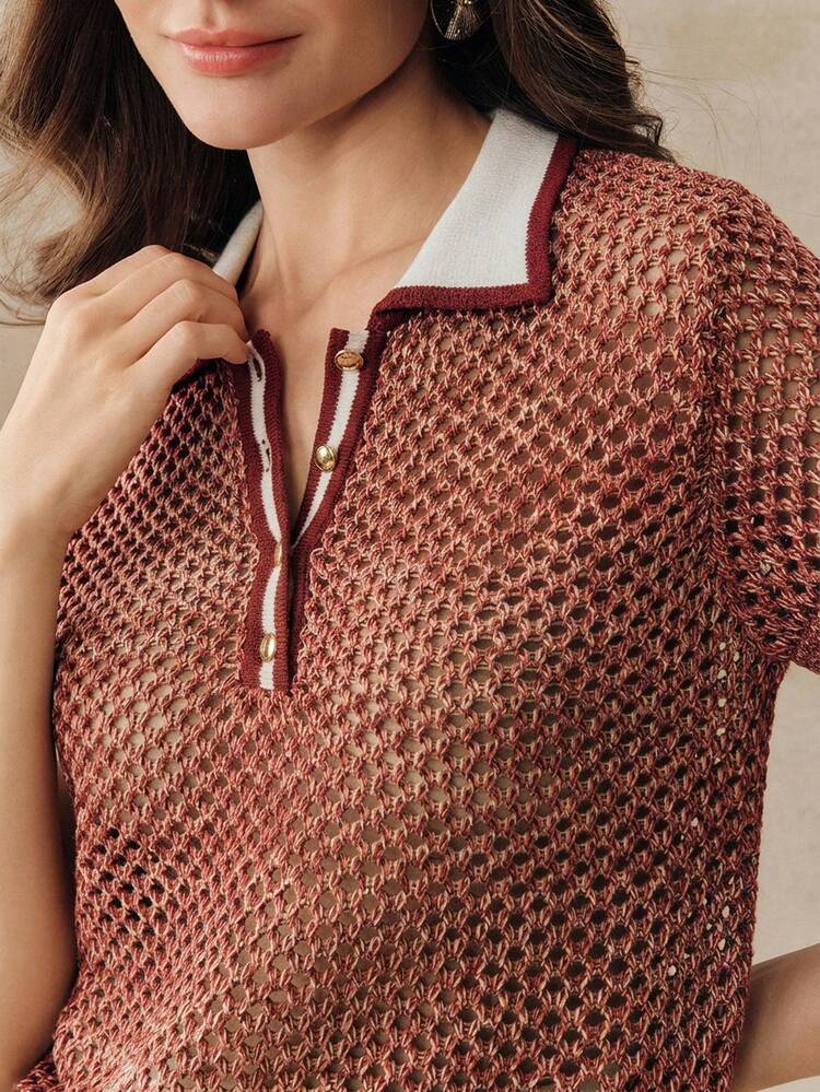 Colorblock Linen Hollow Out Knit Polo Shirt For Women, Retro Collar Short Sleeve Top, Spring/Summer