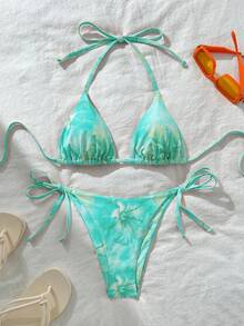 Swim Vcay Bộ bikini buộc dây cổ in họa tiết ngẫu nhiên gợi cảm dành cho nữ, thích hợp cho mùa hè. - Nhiều màu - Xem 1