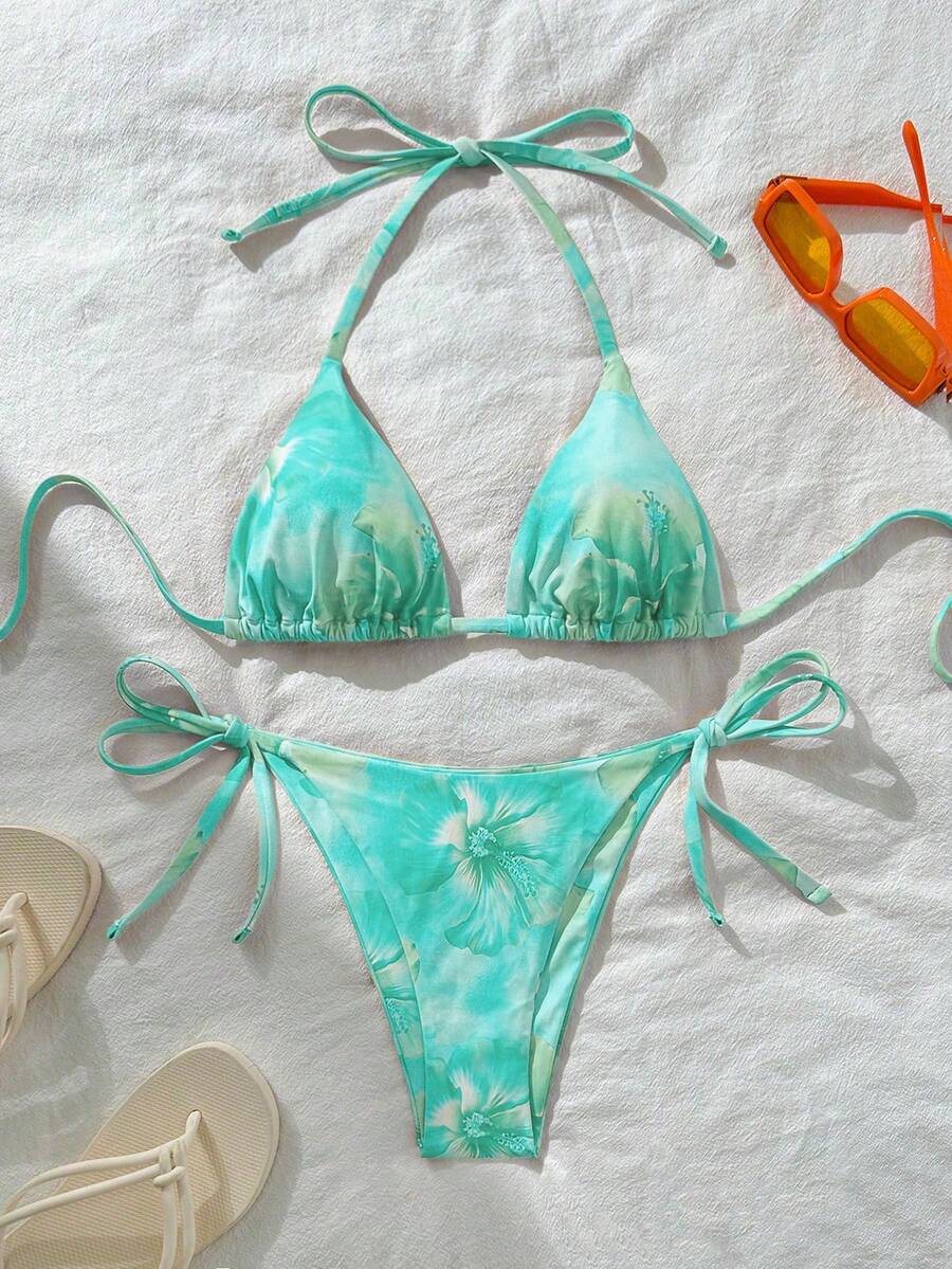 Swim Vcay Bộ bikini buộc dây cổ in họa tiết ngẫu nhiên gợi cảm dành cho nữ, thích hợp cho mùa hè. - Nhiều màu - Xem 1