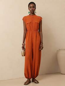Vesra Stand Collar Sleeveless Epaulet Pocket Elastic Waist Drawstring Loose Women Jumpsuit - Orange - View 3