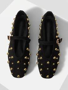 VINTAGE MARY JANE SHOES, RIVET DECOR, FASHION , COMFORTABLE BALLET FLATS FOR WOMEN, AUTUMN/WINTER SPRING SHOES - Graphite Black - View 2