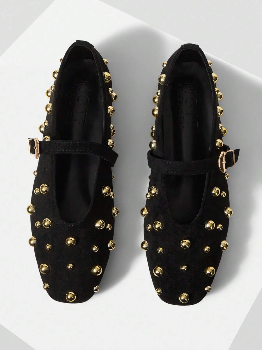 VINTAGE MARY JANE SHOES, RIVET DECOR, FASHION , COMFORTABLE BALLET FLATS FOR WOMEN, AUTUMN/WINTER SPRING SHOES - Graphite Black - View 2