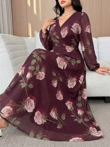 Modelyn Đầm thanh lịch tay phồng họa tiết hoa dành cho nữ cỡ lớn - Màu Đỏ Sâu - Xem 1