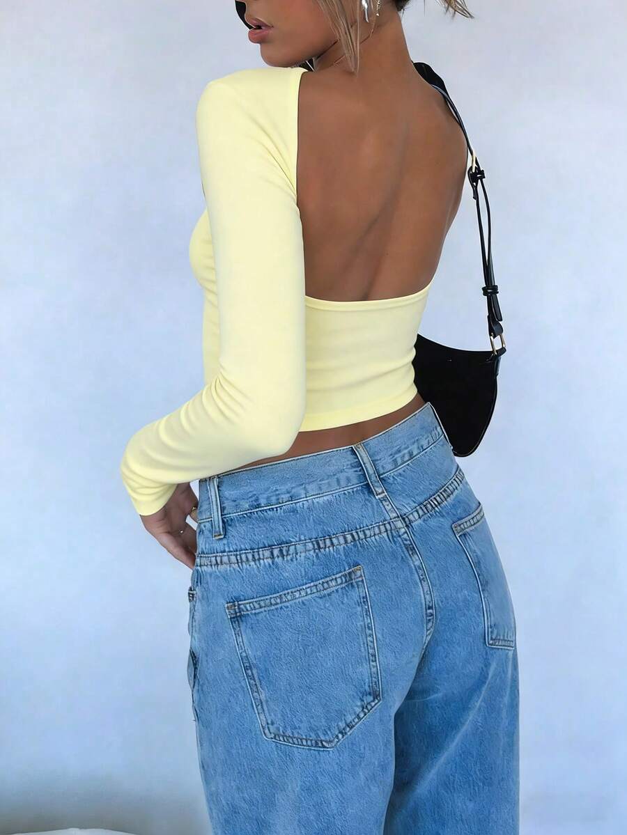 Zyxie 女士纯色露背长袖短款T恤 - 黃色 - 查看 1