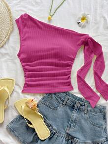 Soleia 度假风性感不对称肩带系带飘逸修身浅黄色上衣，适合派对、度假、音乐节、波西米亚风、假日约会、下午茶等场合。 - 玫紅色 - 查看 3