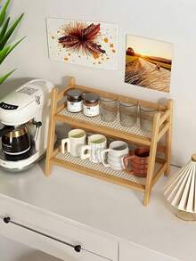 1pc-Narrow Mug Holder Countertop, Wicker-Look TeaAnd Coffee Bar Station Organizer, Bamboo MatchaStand, Cup Display Shelf, Condiment Storage Rack ForKitchen Counter Cabinet, 2 Tier - Wood Color - View 1