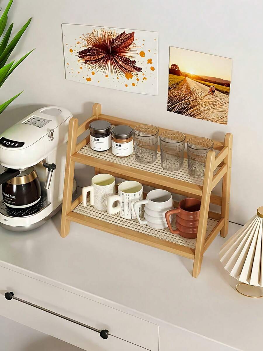1pc-Narrow Mug Holder Countertop, Wicker-Look TeaAnd Coffee Bar Station Organizer, Bamboo MatchaStand, Cup Display Shelf, Condiment Storage Rack ForKitchen Counter Cabinet, 2 Tier - Wood Color - View 1