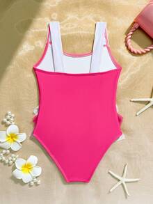 SHEIN 女童撞色荷叶边连体泳衣，适合海滩/度假 - 紅色 - 查看 2