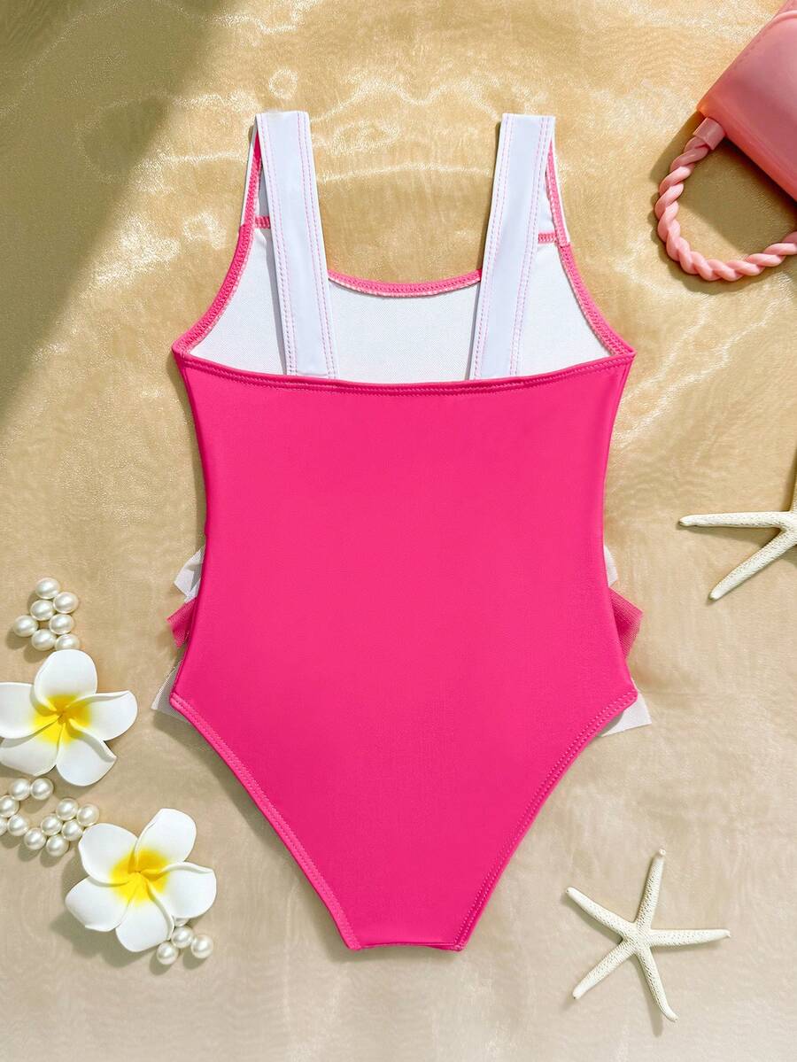 SHEIN Bộ đồ bơi liền thân phối màu xếp nếp cho bé gái, thích hợp đi biển/nghỉ mát. - Đỏ - Xem 1