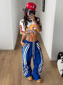 Coolane Women's Drawstring Waist Striped Wide Leg Loose Casual Pants - Blue - View 5