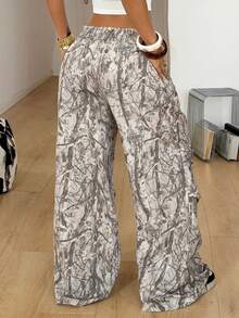 Coolane 女士休闲时尚街头印花抽绳腰宽松阔腿裤 - 軍綠色 - 查看 6