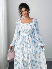 Elenzga Vestido elegante de manga farol con volantes en el bajo y estampado floral para mujer de talla grande - Azul - Ver 4