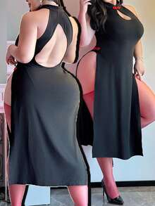 Vibekara Plus Size Dark Style Five-Pointed Star Collar Patchwork Waist A-Line Dress - Black - View 1
