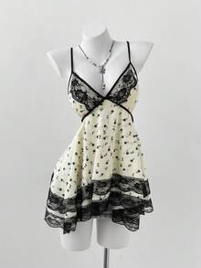 Sunspun 新款甜美度假优雅外出上衣，花卉面料撞色蕾丝饰边蝴蝶结吊带背心，不规则荷叶边下摆短款吊带背心 - 彩色 - 查看 3