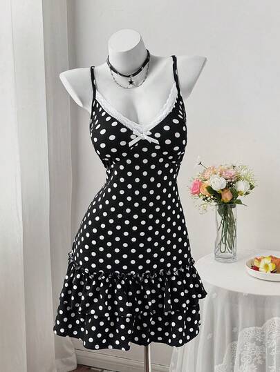 Sweetra Plus Size Women's Vintage Romantic Vacation Polka Dot Printed Lace Collar Bow Tie Double Ruffle Hem Camisole Dress, Suitable For Spring & Summer, Beach Vacation, Outing, Club Party, Music Festival, Independence Day And Back To School, Ideal For Any Occasion
