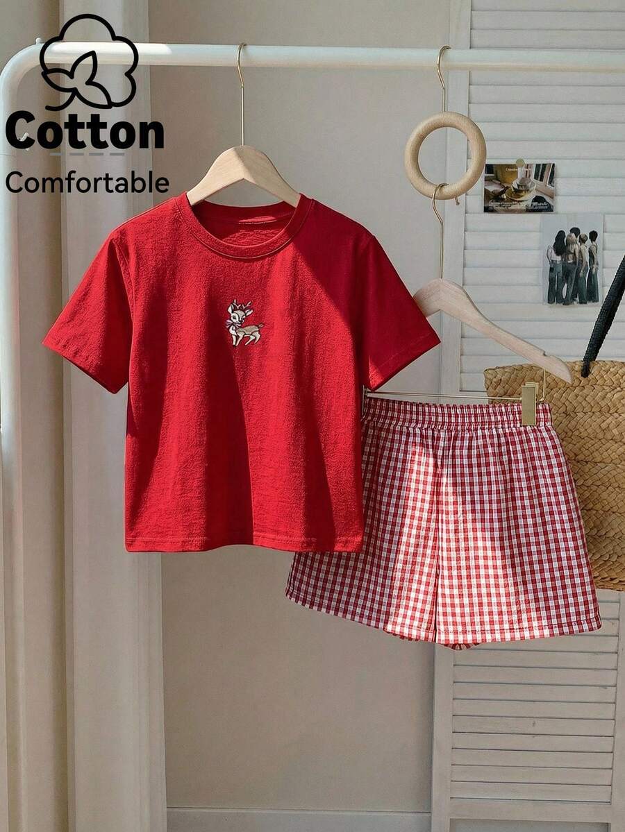 SHEIN EZwear 2件套春夏刺绣可爱短袖T恤和格子短裤休闲家居服，大码 - 紅色 - 查看 1