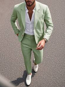 Manfinity Mode 男士极简通勤翻领单排扣西装外套和裤子套装 - 綠色 - 查看 1