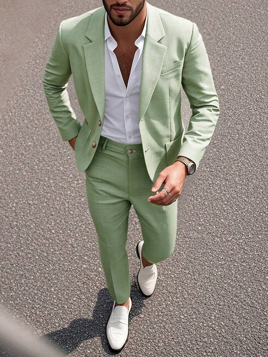 Manfinity Mode 男士极简通勤翻领单排扣西装外套和裤子套装 - 綠色 - 查看 1