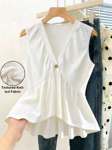 Franclia 女士V领单排扣荷叶边下摆无袖休闲/工作/约会/日常穿着上衣，优雅百搭 - 白色 - 查看 9