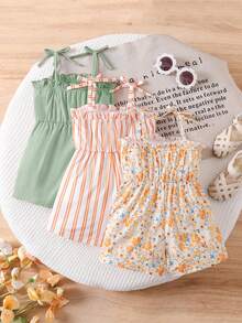 SHEIN Set de 3 piezas Mono de punto floral y a rayas lindo para bebé niña en verano - Multicolor - Ver 2