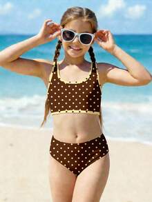 少女休闲波点吊带泳衣套装，适合夏季穿着 - 彩色 - 查看 1