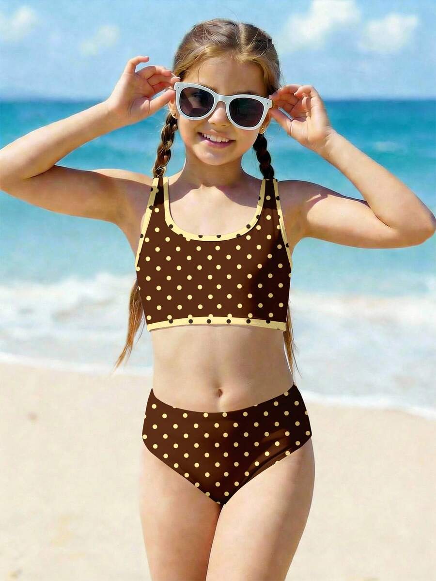 少女休闲波点吊带泳衣套装，适合夏季穿着 - 彩色 - 查看 1