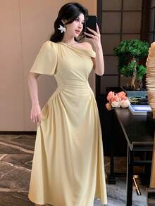 DAZY 女士优雅纯色不对称荷叶袖不对称肩长连衣裙，夏季吊带裙 - 黃色 - 查看 10