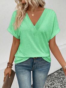 EMERY ROSE Women's Solid Color V-Neck Short Sleeve Casual Loose T-Shirt - Green - View 5