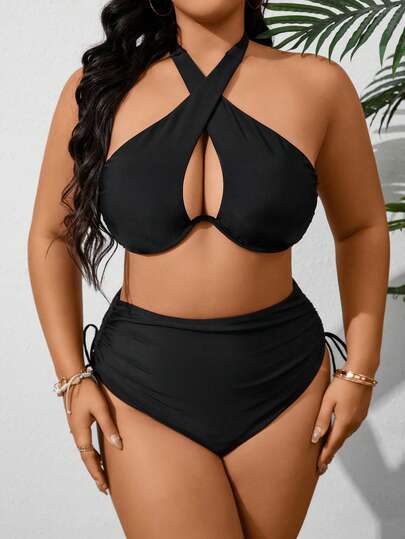 Swim Lushoire 2026 New Plus Size Women's Solid Color Two-Piece Swimsuit With Steel Support, Crossed Halter Neck, Fashionable And Elegant Summer Set