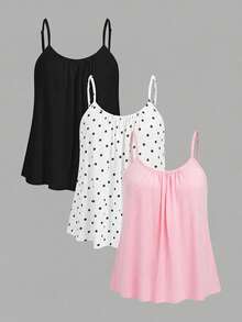 SHEIN EZwear 3pcs Women Pleated Loose Camisole Tops, Adjustable Strap, Suitable For Spring & Summer - Multicolor - View 1