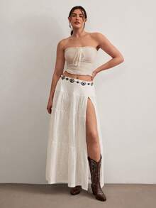 Freevana Đầm maxi dáng rộng cạp cao xẻ tà màu trắng ren dệt kim phong cách Bohemian, chân váy dài gợi cảm kiểu retro giúp thon gọn vóc dáng khi đi nghỉ mát, chân váy dài dáng suông thoải mái cho nữ dịp lễ hội. - trắng - Xem 4