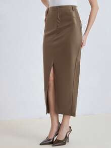 Aveloria Modichic Women's Solid Color Pocket Slit Hem Fashion PU Mid-Length Skirt - Camel - View 4