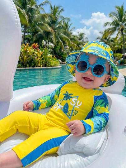SHEIN Bộ đồ bơi dài tay và quần dài phối màu họa tiết cây cọ dễ thương cho bé trai/bé gái, thích hợp cho kỳ nghỉ, bơi lội và đi biển.
