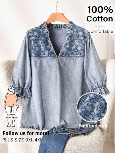 CosyJoli 大码女式水洗衬衫，休闲女装，短袖雪花水洗衬衫上衣，蓝色衬衫