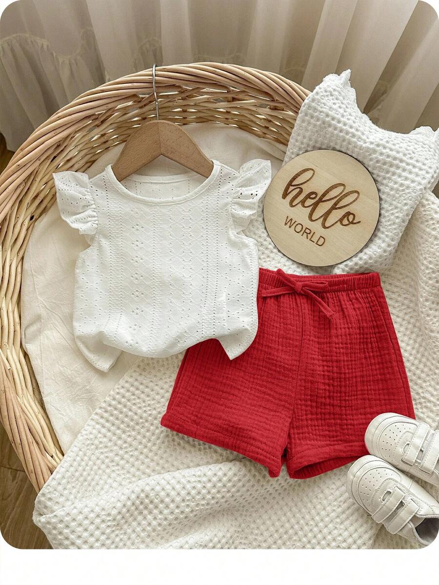 Set Baju Atasan Putih dan Celana Pendek Pinggang Elastis Lucu untuk Bayi Perempuan di Musim Panas - Merah - View 1
