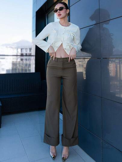 Bris Aura Damen leichte Apricot einfarbige Twill-Gewebe Knopf Taschen Minimalist Taillenhose, geeignet für Pendeln, Lässig-bekleidung, Büro, Vintage-Stil, weite Hosenbeines