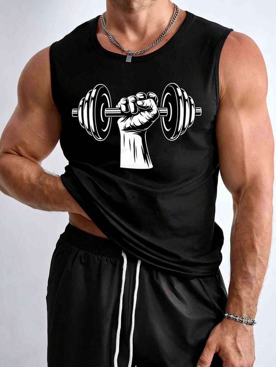 Camiseta de tirantes con estampado de levantamiento de pesas para hombres, estilo de los años 2000 - Negro - Ver 1