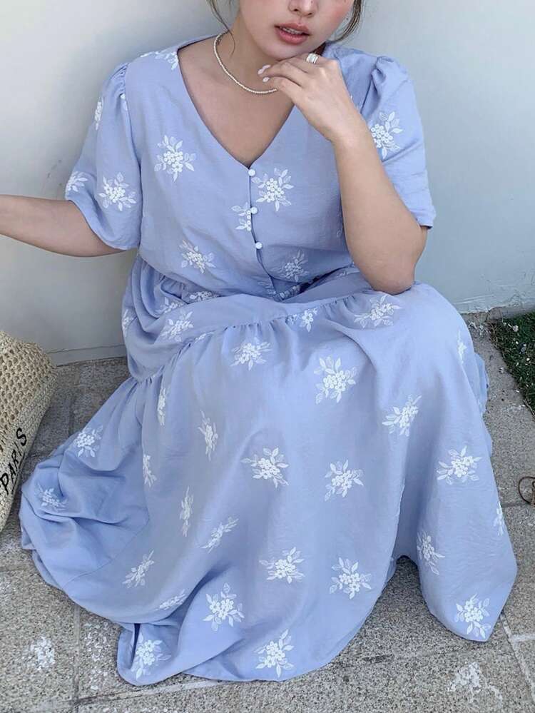 Dazy Plus Embroidered Floral Pattern Waist Cinched Casual Long Dress, Vacation Style, Plus Size, Blue, Spring/Summer Sundress