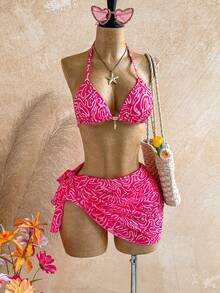 Soleia Summer Outfit For Women Pink Bikini Women's Summer Vacation Beach All-Over Print Halter Bikini Set - Multicolor - View 6