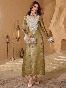 Al Najma New Arrival Turkish Robe With Gold Foil, Embroidery, Mesh Collar And Floral Lace Trim, Luxury Long Dress - Gold - View 5