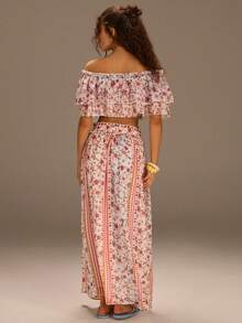 Athîral 女士度假休闲碎花露肩荷叶边短款上衣和迷你裙两件套 - 彩色 - 查看 2