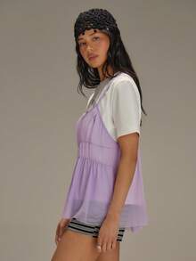 Athîral 女士休闲度假针织白色紫色花卉印花网眼T恤上衣，春夏款 - 淡紫色 - 查看 6