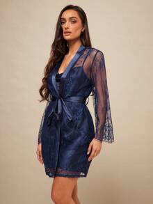 Silquee Women's Lace Long Sleeve Belted Robe And Cami Nightgown Pajama Set, Fall Winter Clothes Elegant Women's Navy Satin Pajama Set With Lace Robe Luxurious Nightwear Sleepwear Women's Sexy Navy Blue Satin Chemise And Lace Robe Two Piece Pajama Set Loungewear Navy Satin Slip Dress With Cowl Neck And Sheer Lace Kimono Robe Women's Lingerie Set Sexy Lace Sleep Spandex Valentine's Day Victoria Secret Sexy Curve Romantic Luxenights  Gowns Sleep  Blue Lingerie Dress Robe Lingerie Set Sexy Night Dress Sexy Coverups Swimwear Sheer Nightgown - Blue - View 8