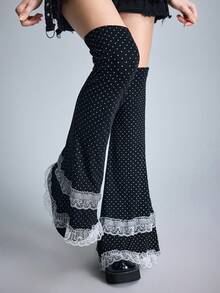 ROMWE Kawaii 1双可爱白色波点针织喇叭袜套，Y2K小众设计双层蕾丝叠层袜套，不易起球过膝腿套 - 黑與白 - 查看 5