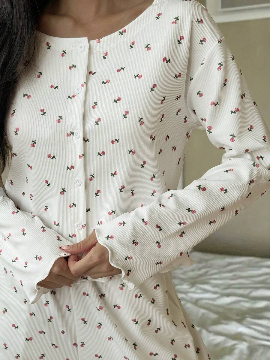 Livesso 2件套女士心形图案领休闲家居服套装，适合春、夏、秋、冬四季穿着。 - 白色 - 查看 1