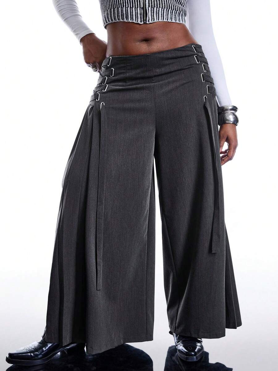SHEIN EZwear 大码女式纯色侧系腰褶皱阔腿宽松裤 - 深灰色 - 查看 1